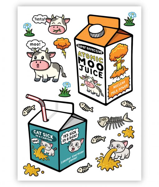 Cow and Cat Juice A5 Vinyl sticker sheet.